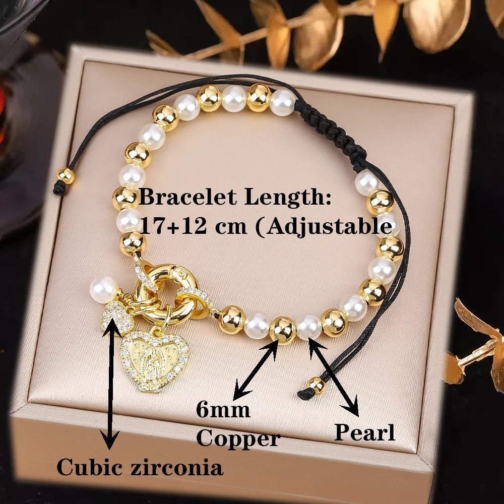 New Design Pearl Copper Braided Virgin Mary Zirconia Black Rope Bracelet Fashion For Woman Daily Party Jewelry Religious Gift Qme
