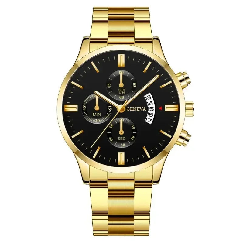 Fashion Mens Watches Luxury Silver Stainless Steel Quartz Wrist Watch Man Business Watch for Men Calendar Clock Reloj Hombre Qme Gold Black