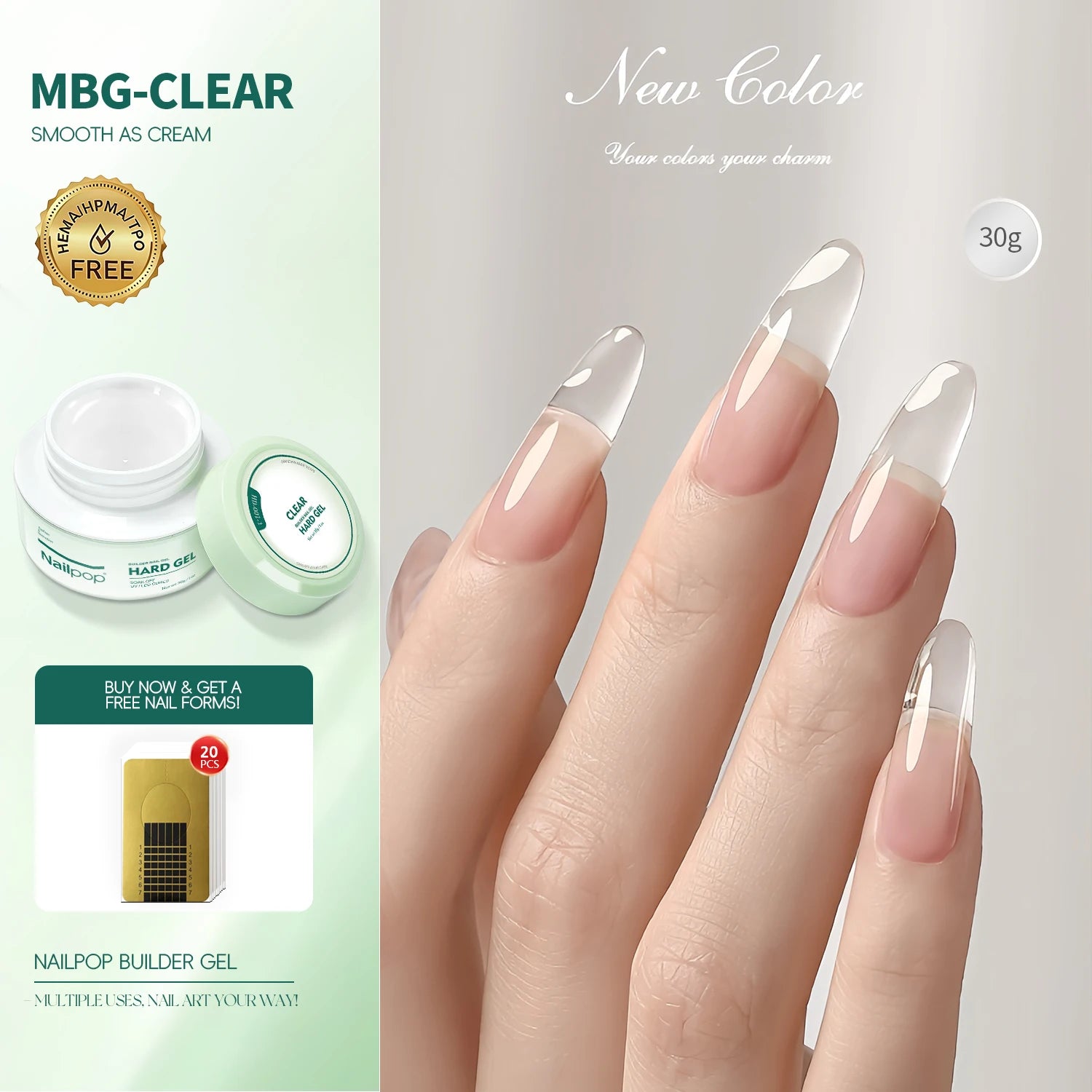 Nailpop Builder Gel Milky Extension UV LED Cured Acrylic Nails Long Qme MBG-Clear