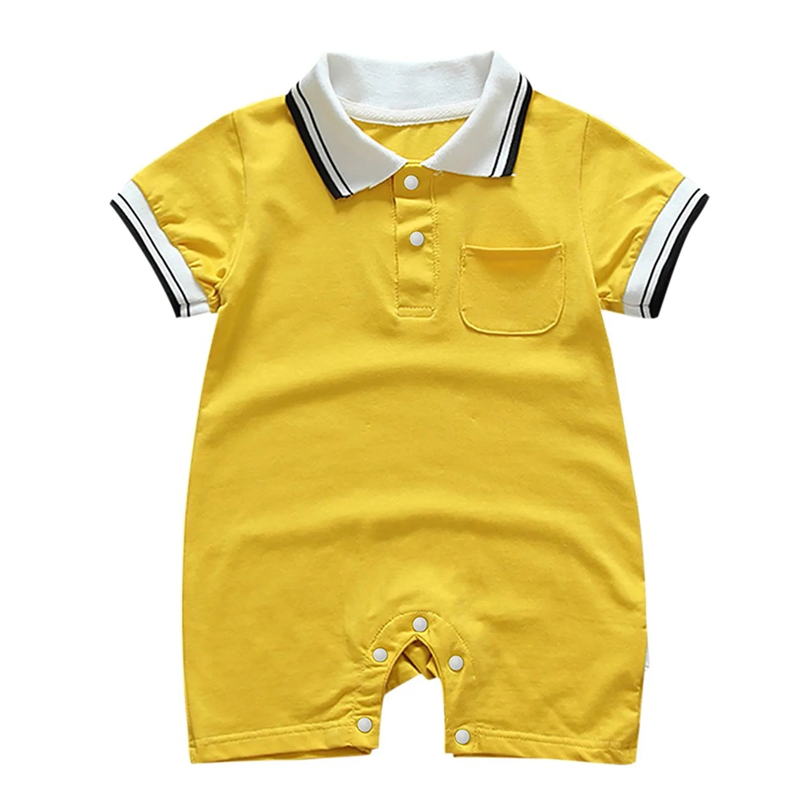 Baby Boys And Girls Summer Lightweight Solid Color Short Sleeve Turn-Down Collar Pocket Romper Convenient Casual Basic Playsuits Qme