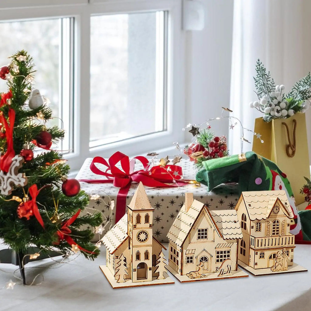 Christmas House for Table Light up Table Cabin 3x Funny Holiday Decoration Cute Desk Ornament for Bedroom Kitchen Farmhouse Qme