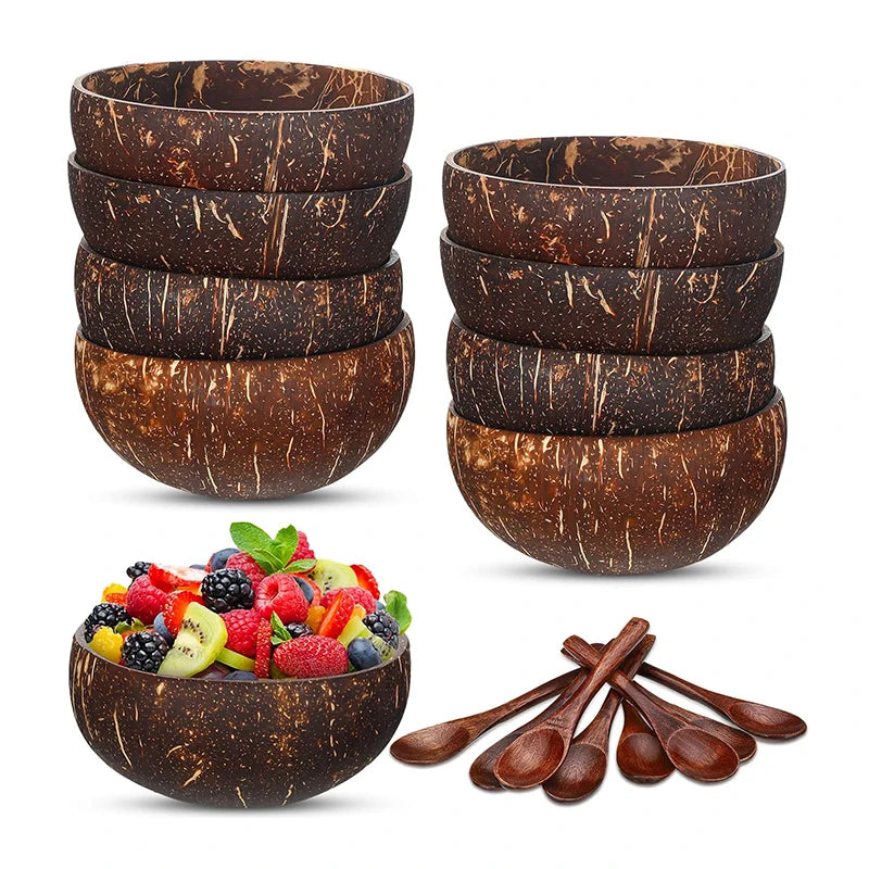 Natural Coconut Shell Bowl with Spoon Yogurt Bowl Wooden Bowl Polished Coconut Bowls Fruit Salad Dessert Wooden Spoon Sets Bow Qme