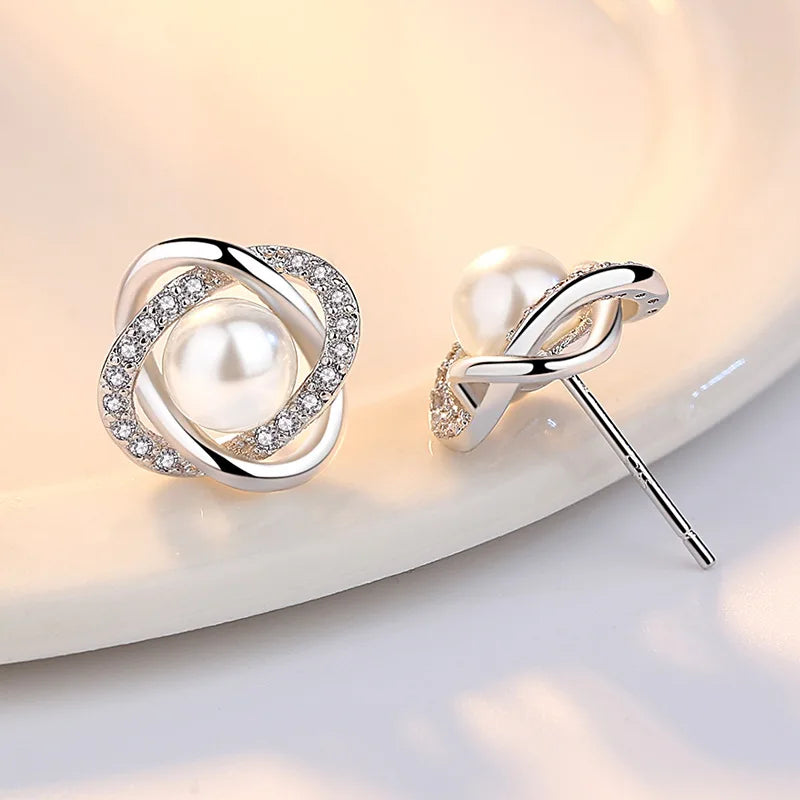 New Fine 925 Sterling Silver Charms Pearl Crystal Stud Earrings for Women Fashion Party Wedding Accessories Jewelry Couple Gifts Qme