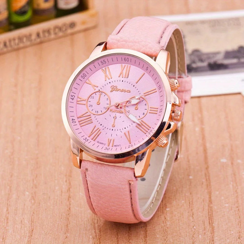 Elegant Women's Quartz Watch with Roman Numerals and Pointer Qme Pink