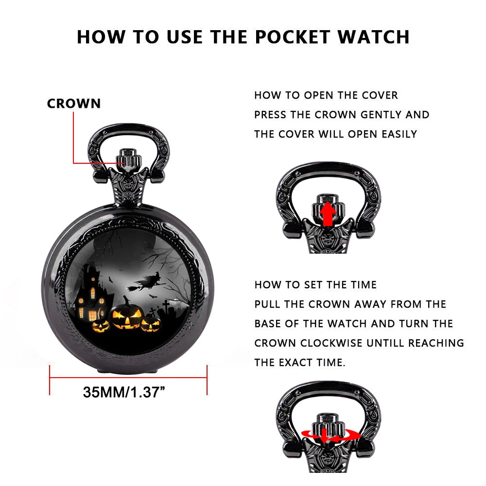 Pumpkin Witch Glass Dome Quartz Pocket Watch With Durable Chain Arabic Numeral Dial Halloween Gifts for Kids Qme