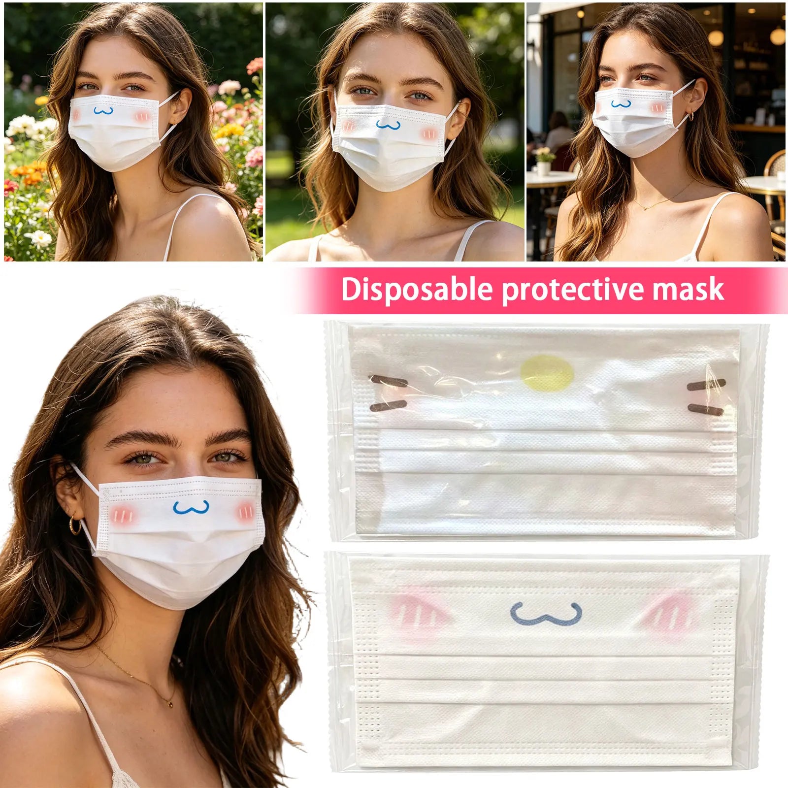 10Pcs Adult Cartoon Cute Disposable Mask Breathable 3 Layer Face Masks Anti Dust Disposable Protection Masks Qme