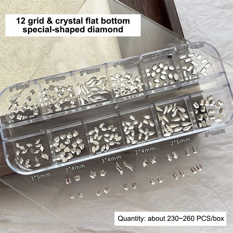 12 Grids Mixed Shape Colorful Rhinestones Nail Art Decoration Multi Size Flat Back Rhinestone Nail Gel Diy Nail Accessories Qme White