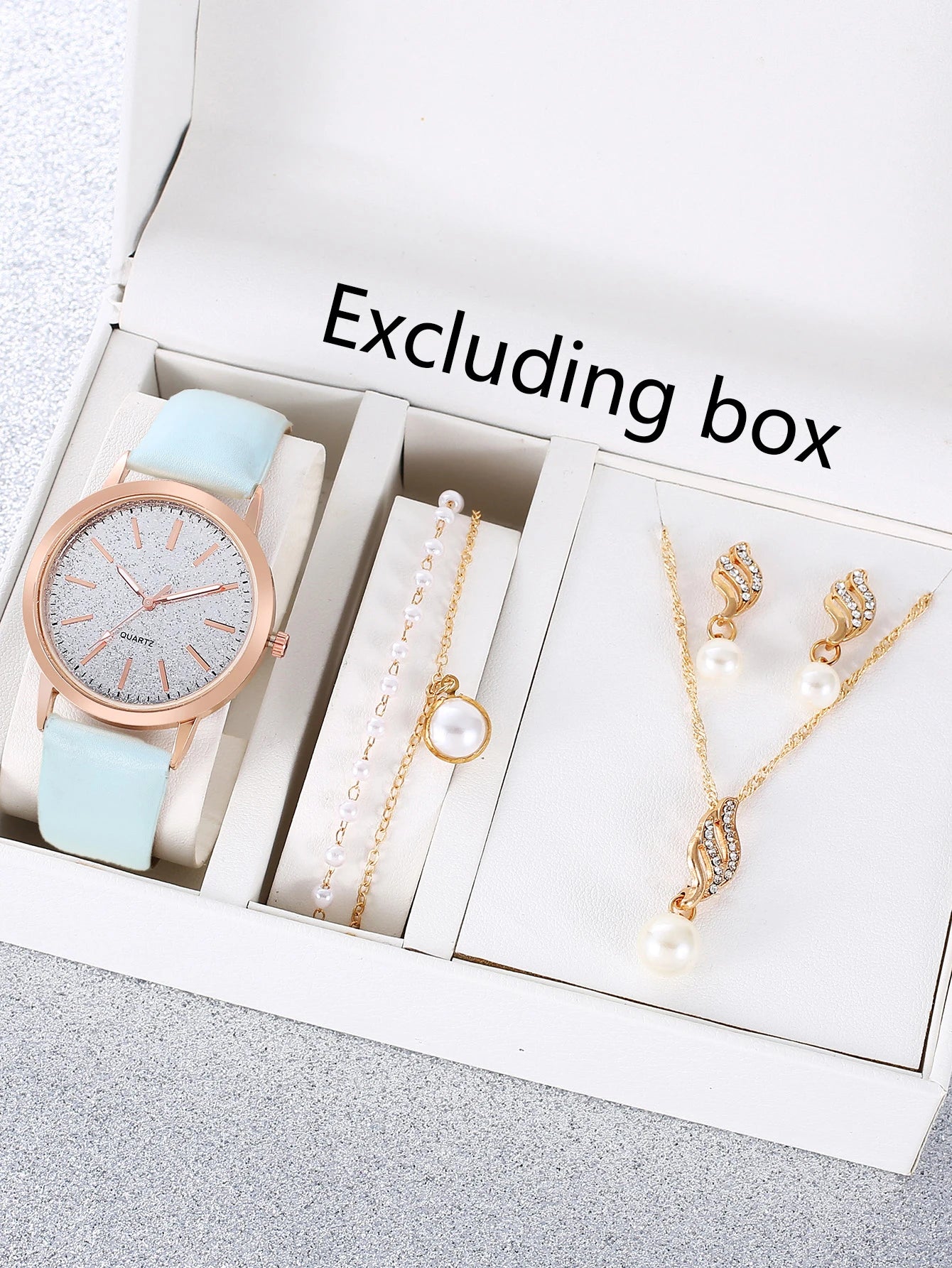 5Pcs Women Watch Jewelry Set, Glitter Dial Black Leather Quartz Watch + Pearl Inlaid Necklace Earrings Bracelet Gift Kit Qme sky blue No