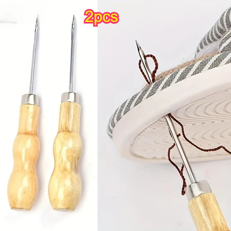 Wooden Handle Sewing Awl, Leather Craft Stitching Tool for Shoe Repair & DIY Projects Qme 2pcs