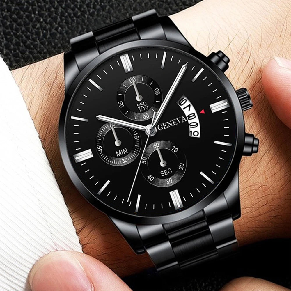 Classic Silver Tone Male Accessory Kit, Analog Chronograph Steel Band Watch with Thick Cuban Link Bracelet Cross Pendant Necklac Qme