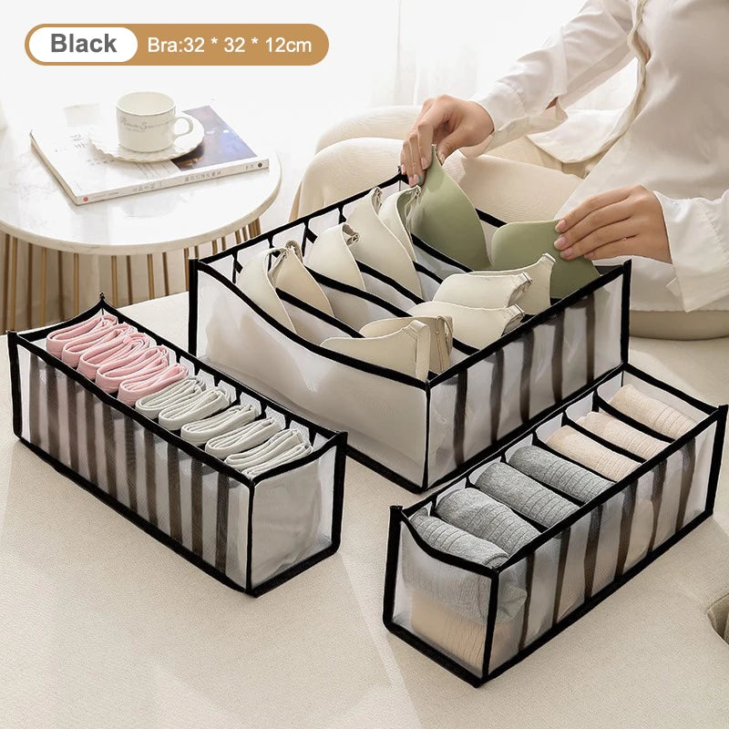 Multifunctional Folding Drawer-Style Fabric Storage Box For Underwear And Socks Qme Black 6 Grids