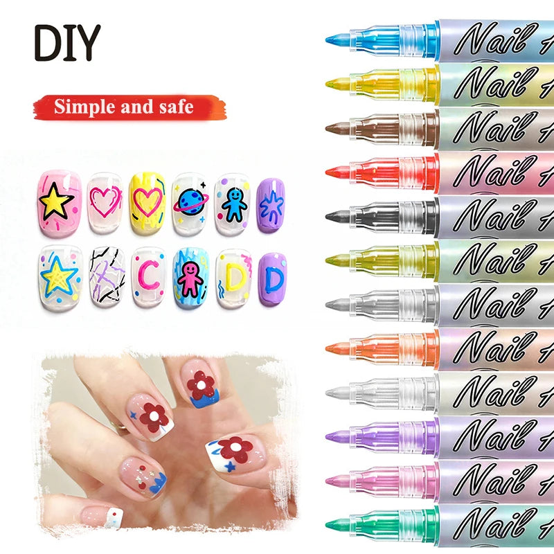 12 Nail Art Pens Waterproof Quick-drying Polish Pen Precision Drawing Qme