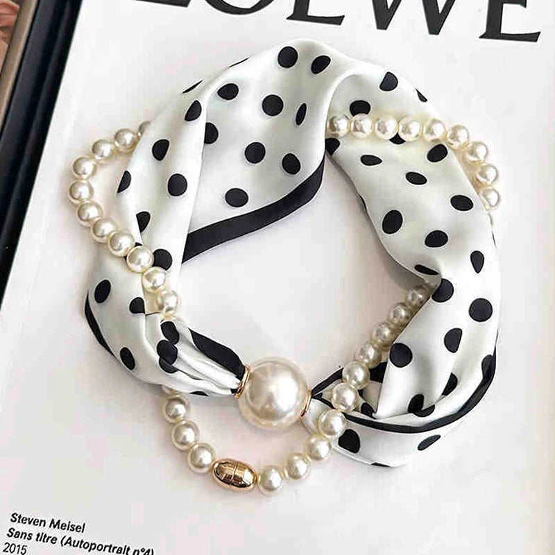 Magnetic Narrow Elegant Satins Neck Scarf Wrap Pearls Chain Necklace Qme white