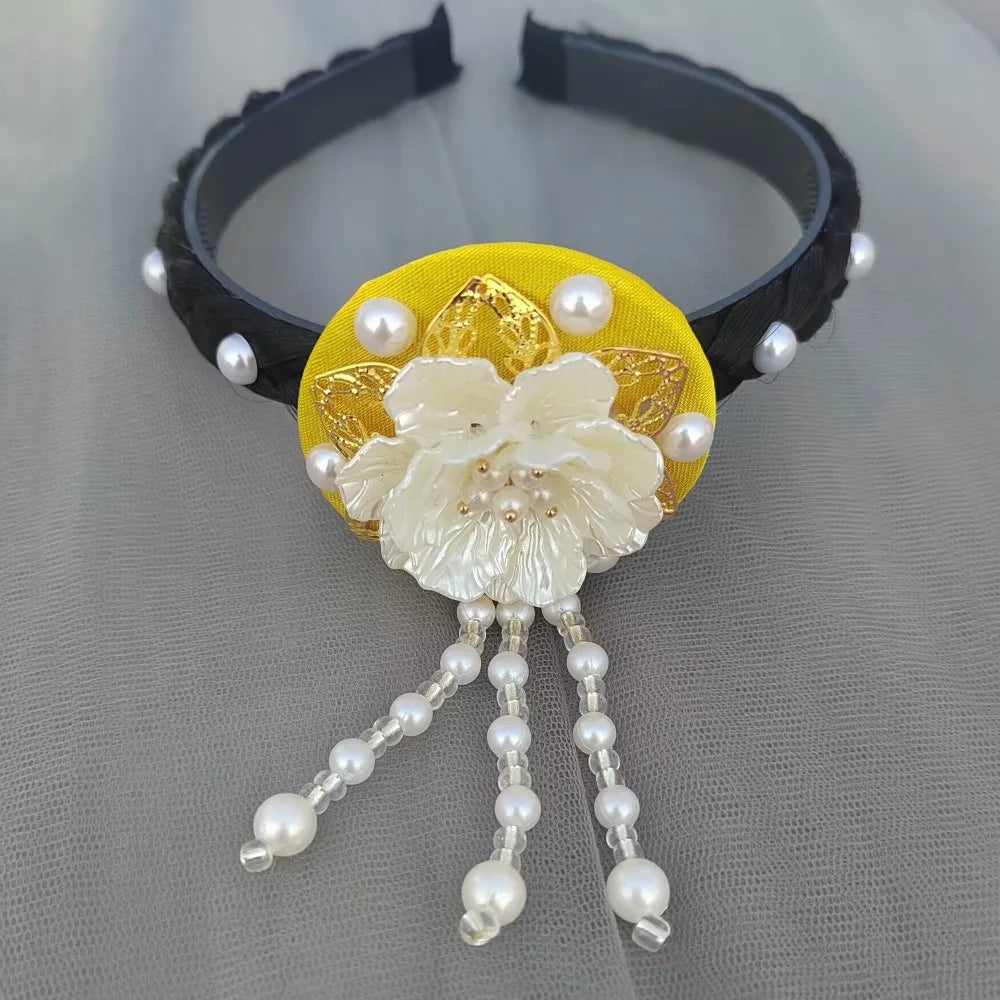 Fashion Flower Korean Headband Tassel Beaded Hanbok Hairband Pearl Qme Yellow