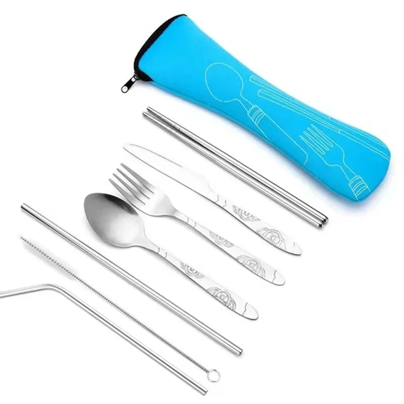 Portable Stainless Steel Cutlery Bag Spoon Fork Knife Chopsticks Qme