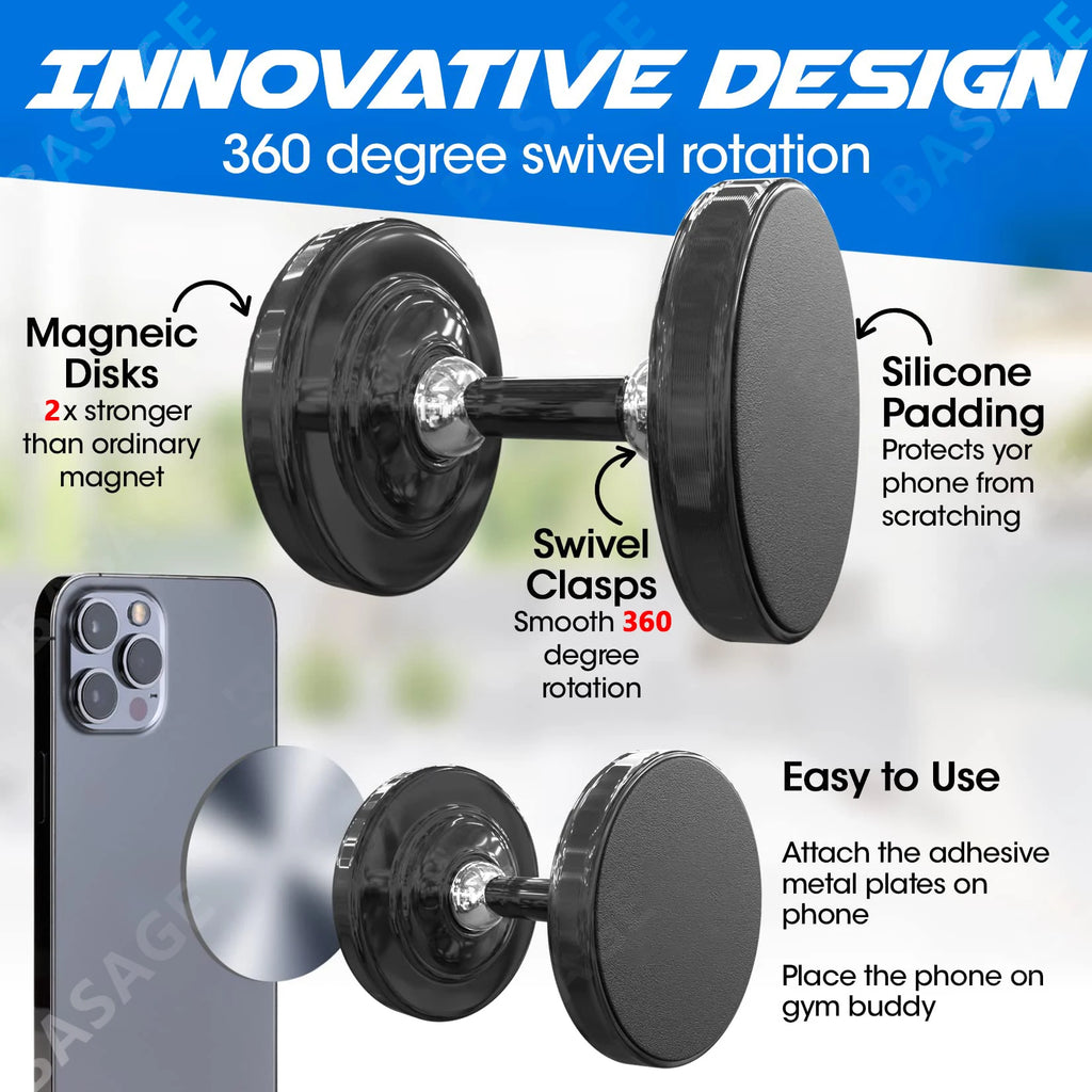 Dual Magnetic Gym Phone Holder for Working Out Videos-Double Sided Strong Magnet with 360 Degree Rotation - Fits Any Smart Phone Qme