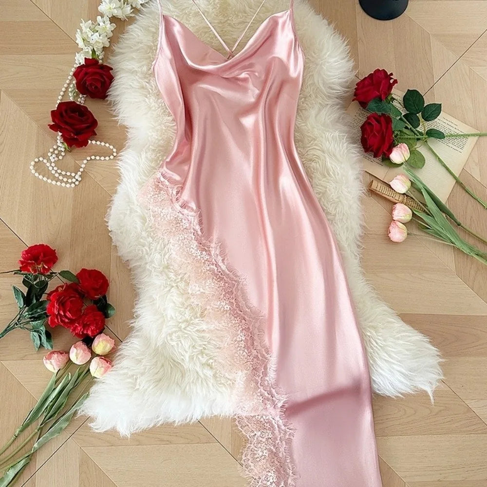 Home Wear Split Women Nightgown Beauty-back Spaghetti Strap Lace Qme Pink L
