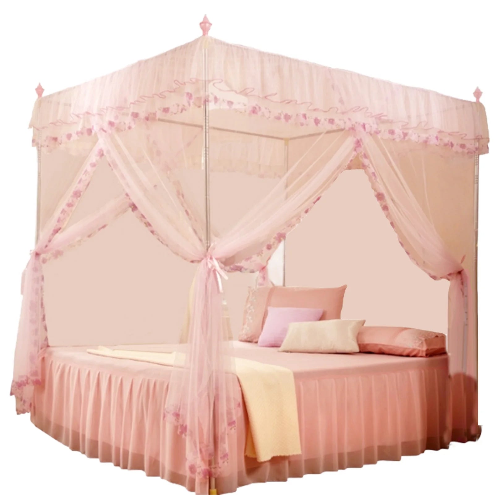 Luxury Lace Mosquito Net 3-Side Opening Design Soft Mesh Fabric Anti-Mosquito Bite Protection for Bedroom No Stand Included Qme Pink 120 by 200 by 2
