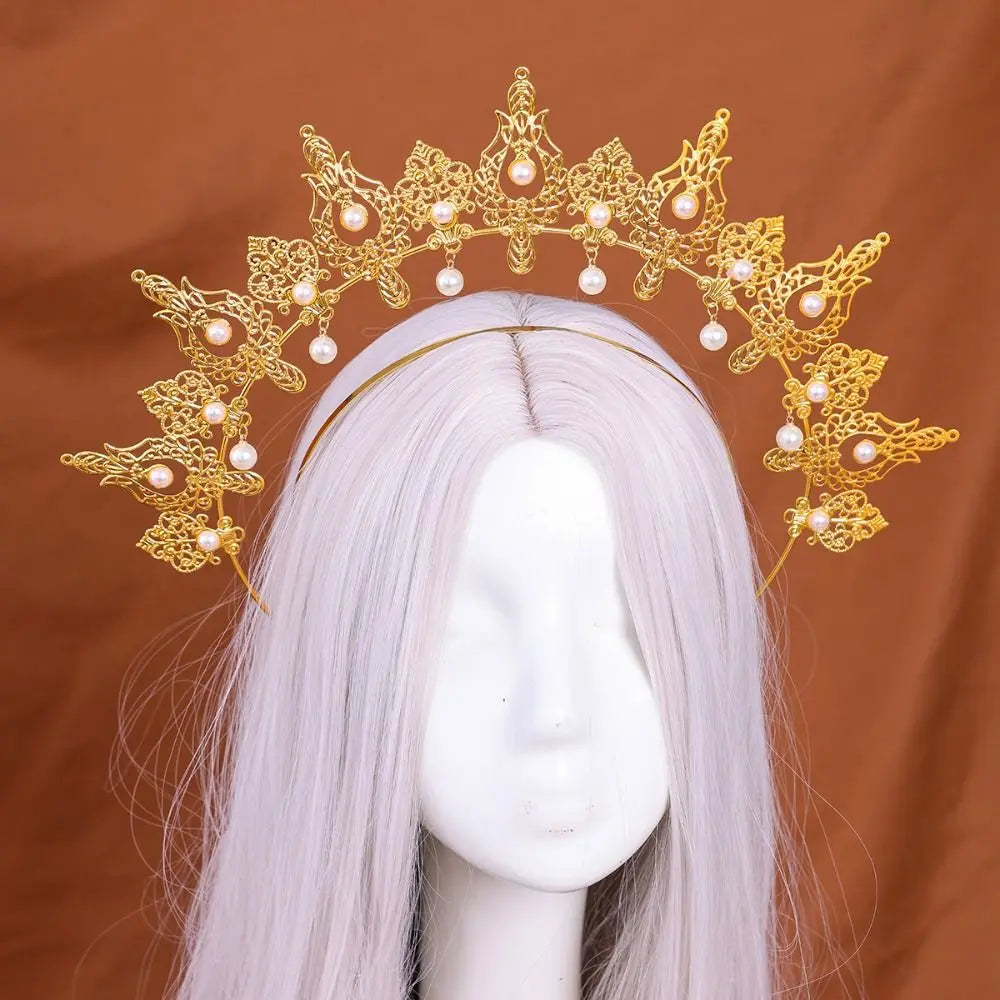 Gothic Gold Plated Halo Crown Vintage Faux Pearl Inlaid Sun Goddess Qme