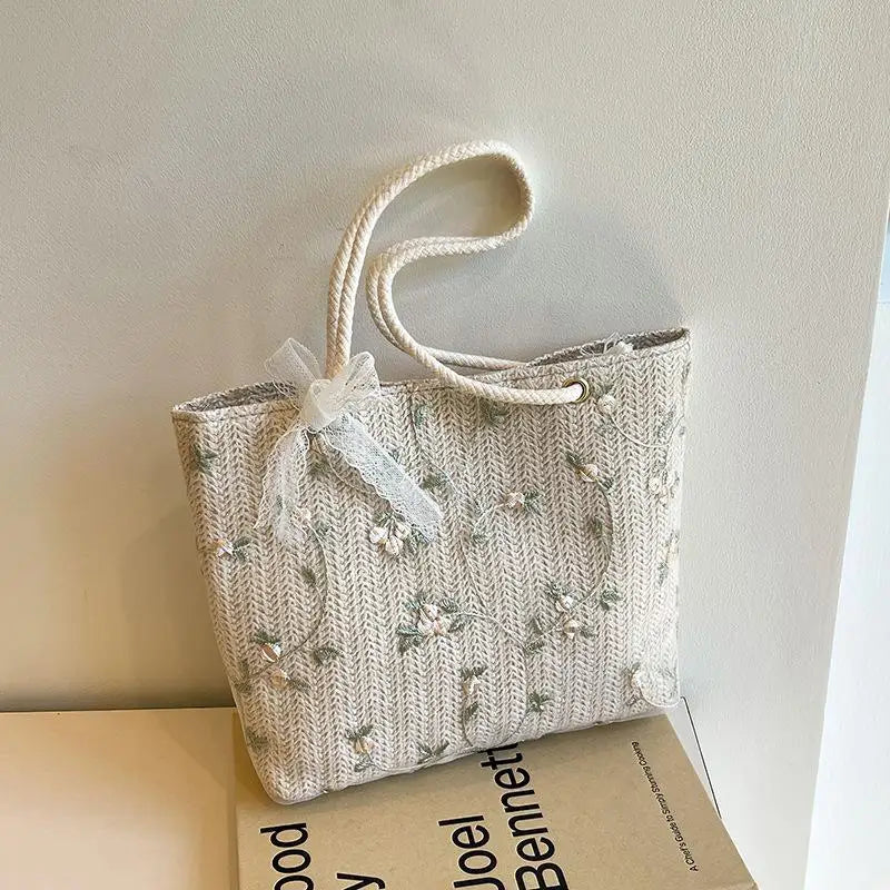 Woven Straw Tote Bag With Floral Embroidery And Lace Bow Detail Shoulder Bag Perfect For Daily Commute Beach Trips Shopping Qme White