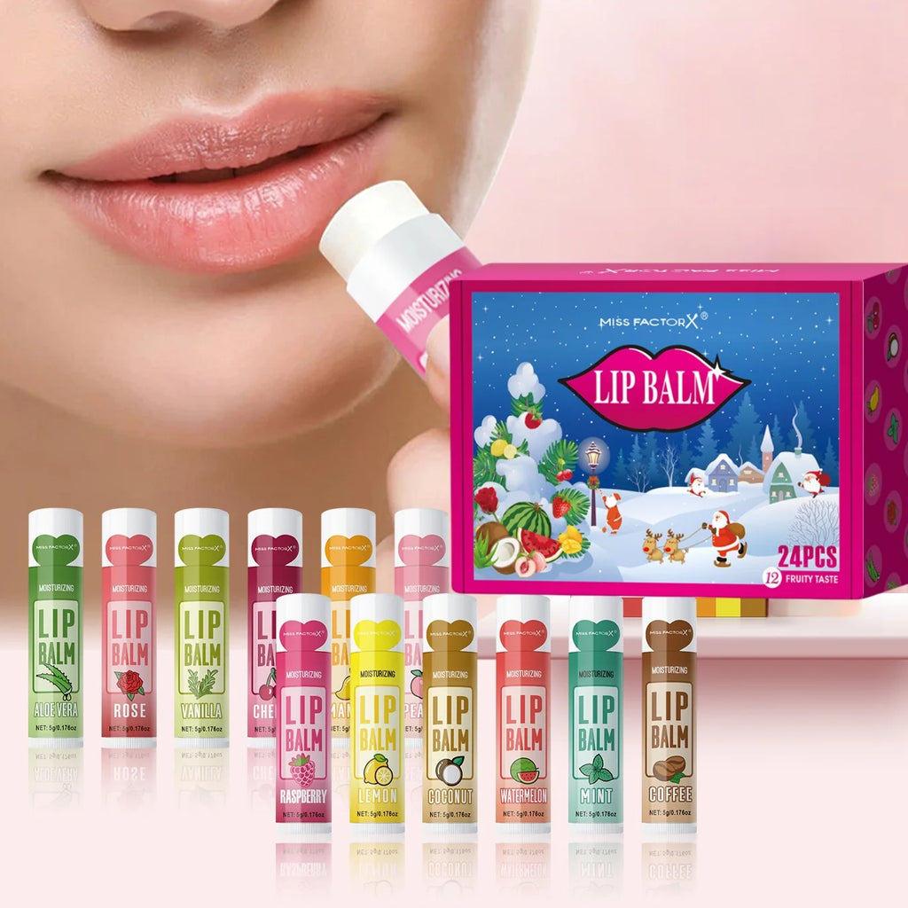 24PCS/ Box 12 Kinds of Flower and Fruit Lip Balm Set Gift Natural Fragrance Moisturizing Exfoliating and Brightening Lip Color Qme