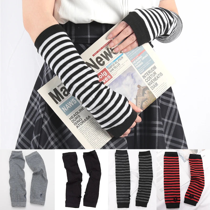 Punk Winter Warm Long Sleeves Gloves Goth Men Women Fingerless Stripe Hip-Hop Knitted Elbow Mittens Elastic Outdoor Warmer Arm Qme