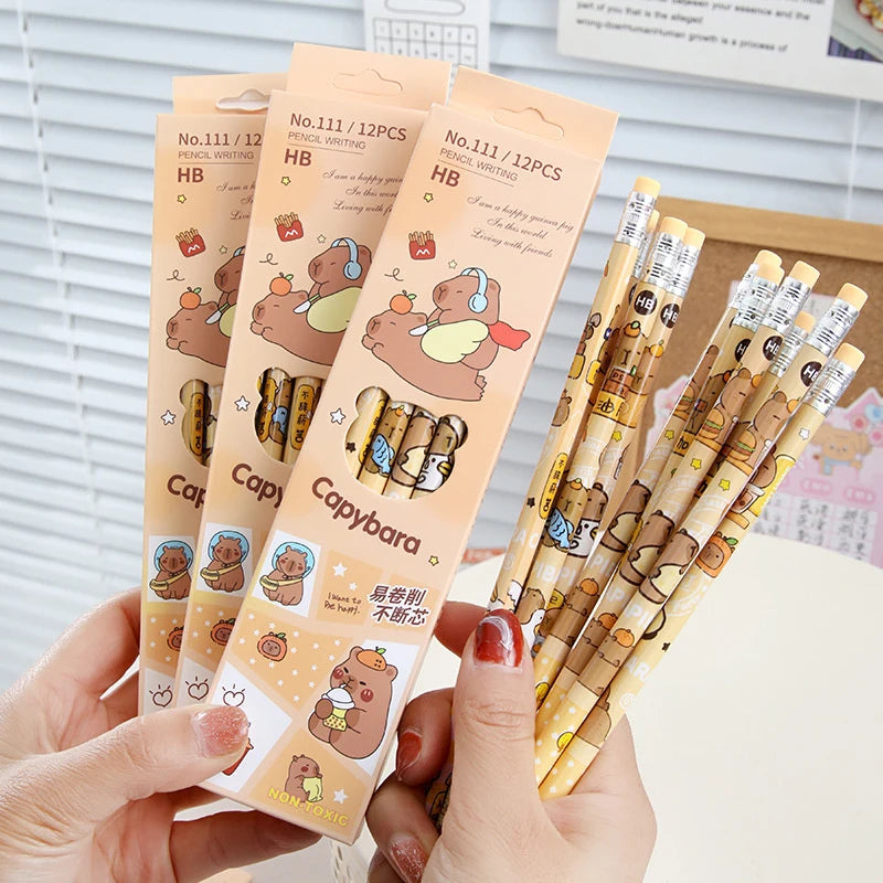 12-Pack Fun Capybara Cartoon Pencils Erasers Kawaii Stationery Office Qme