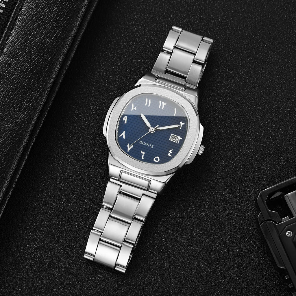 Men's Casual Silver Jewelry Set, Blue Dial Arabic Numeral Quartz Watch with Stainless Steel Band and Cross Cutout Ring Qme