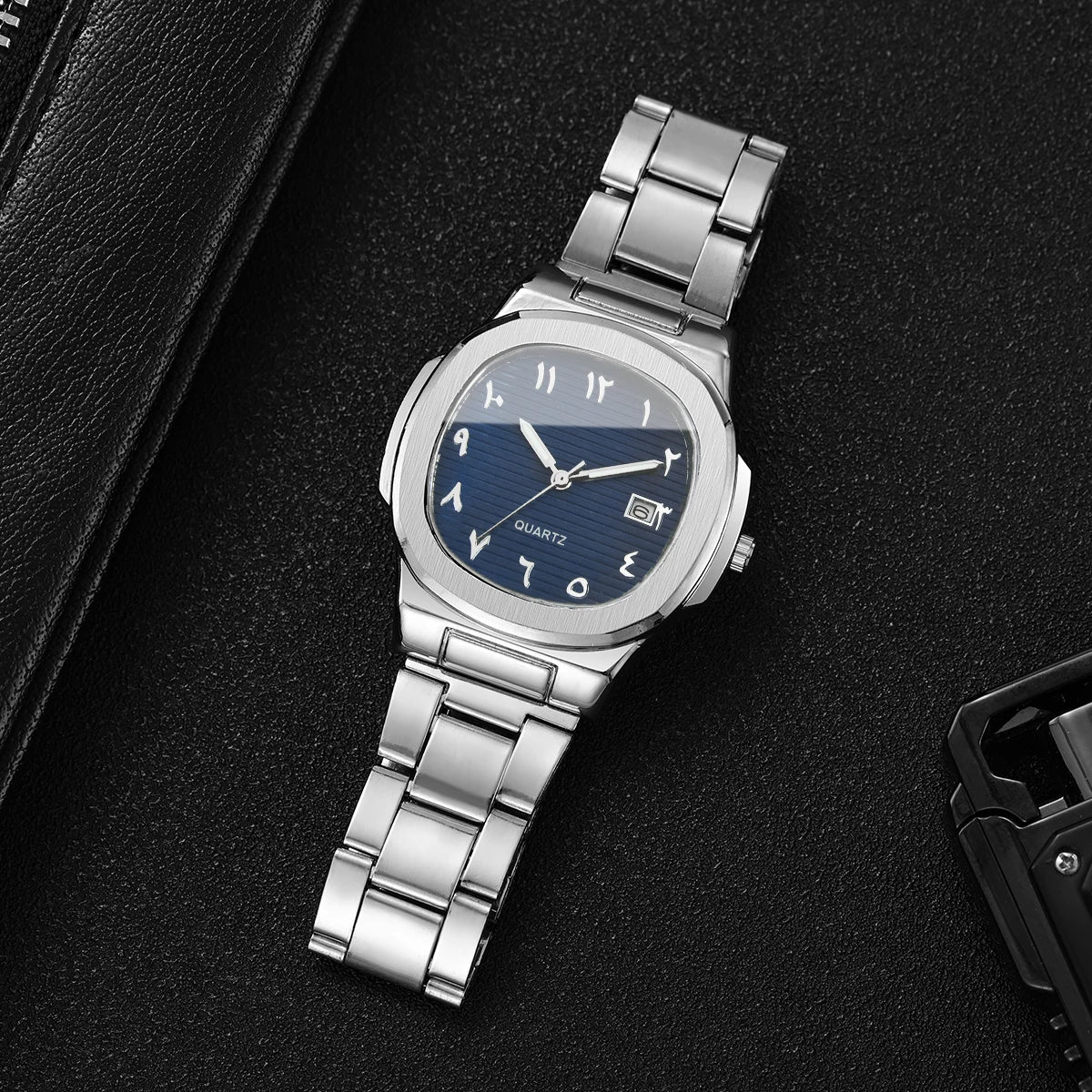 Men's Casual Silver Jewelry Set, Blue Dial Arabic Numeral Quartz Watch with Stainless Steel Band and Cross Cutout Ring Qme