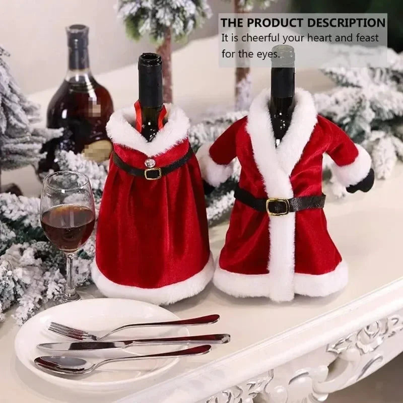 2PCS Christmas Wine Bottle Cover Velvet Dress Clothes Set Wine Bottle Ornaments Bag Xmas Party Dinner Table Decoration Gifts Qme