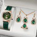Rose Gold Ladies Green Leather Watch Set Water Drop Emerald Crystal Jewelry Necklace Earrings Ring Party Ornament Kit Qme Bronze