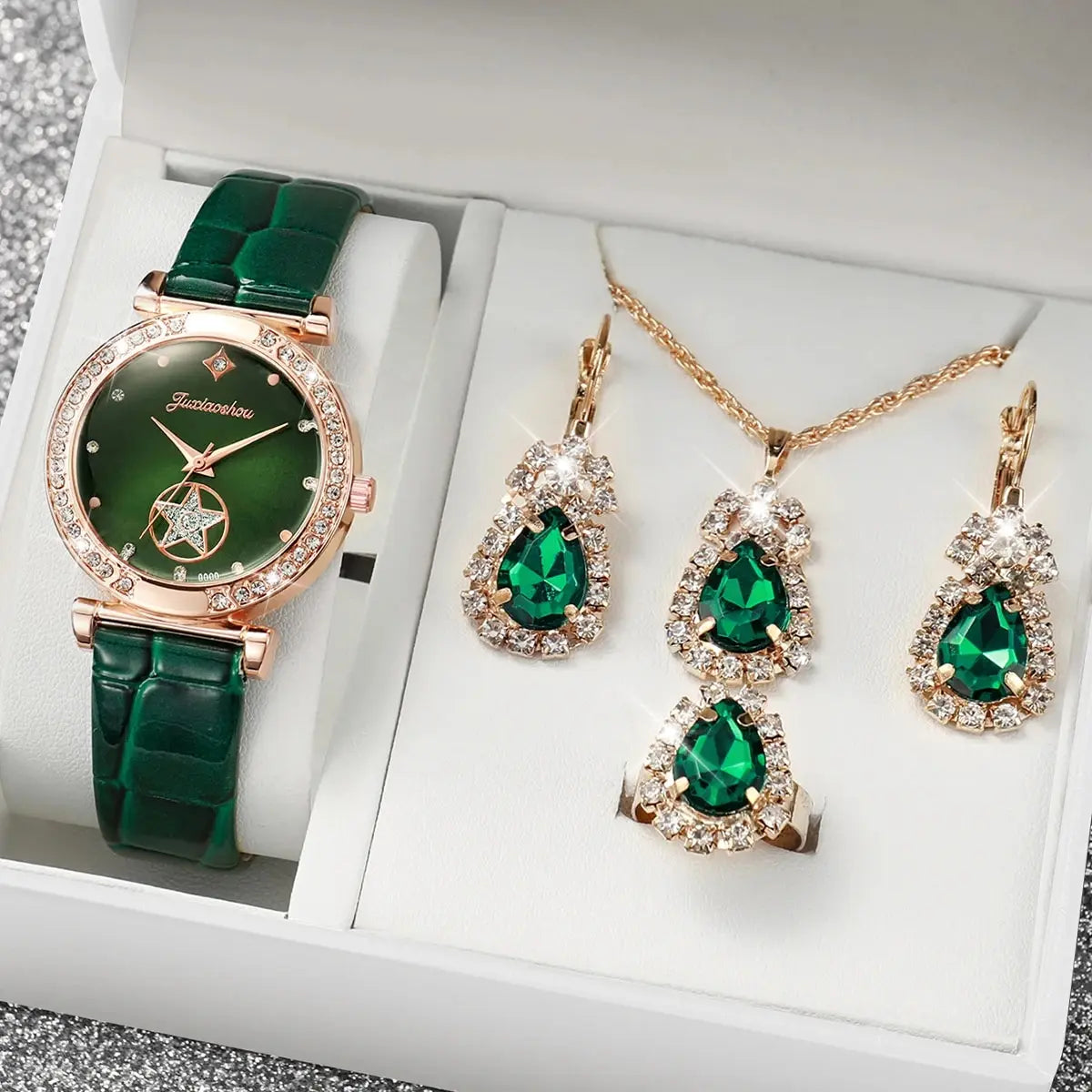 Rose Gold Ladies Green Leather Watch Set Water Drop Emerald Crystal Jewelry Necklace Earrings Ring Party Ornament Kit Qme Bronze