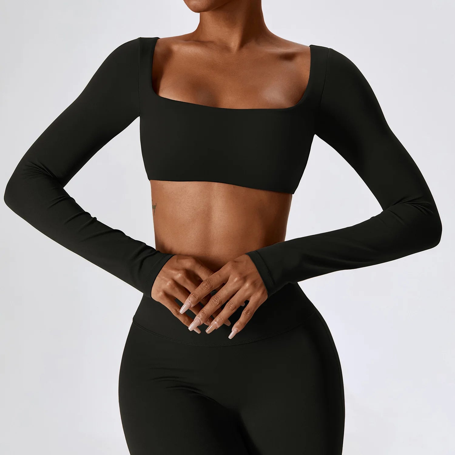 A Summer Casual Quick Dry Sportswear Women Square Neck Gym Top Women Fitness Sports Crop Top Long Sleeve Yoga Clothing Qme Advanced Black XL