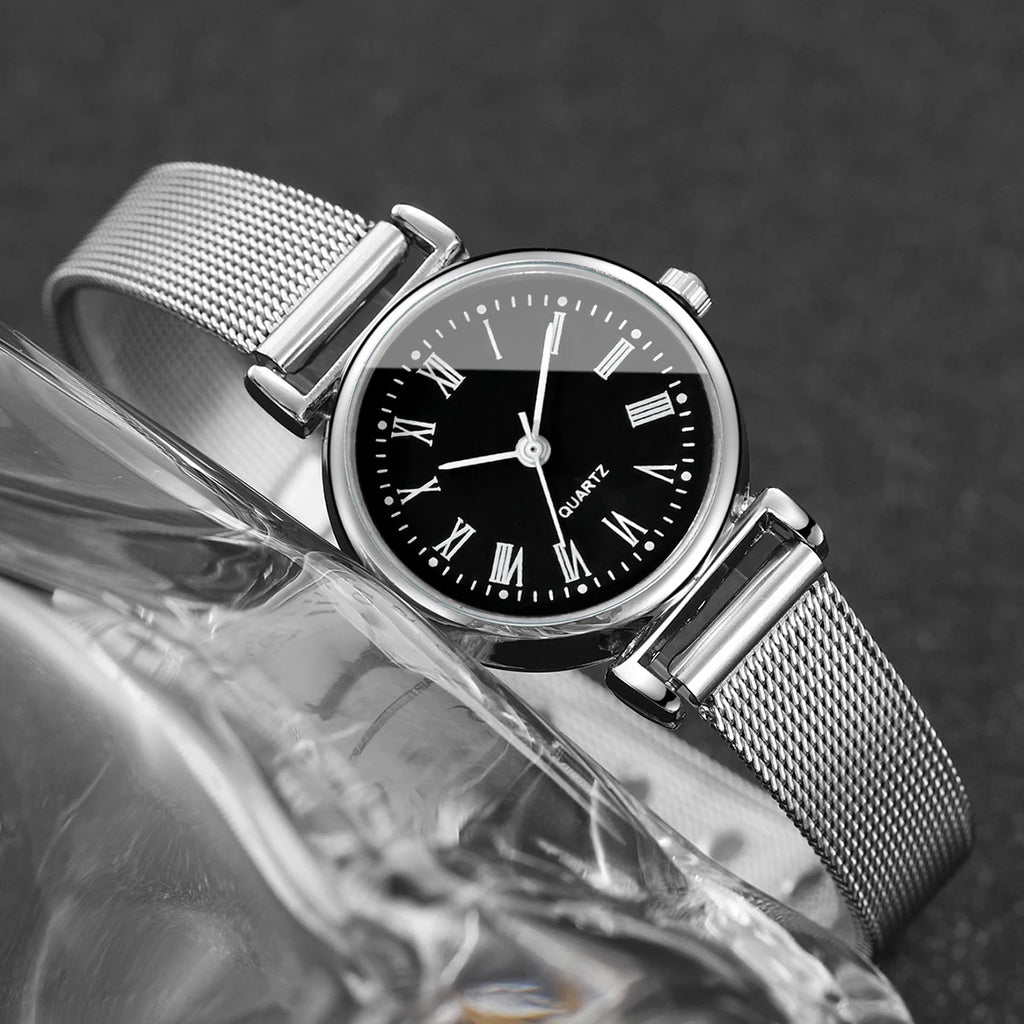 2-piece ins compact and minimalist metal mesh strap quartz women's watch leaf bracelet women's watch case Qme