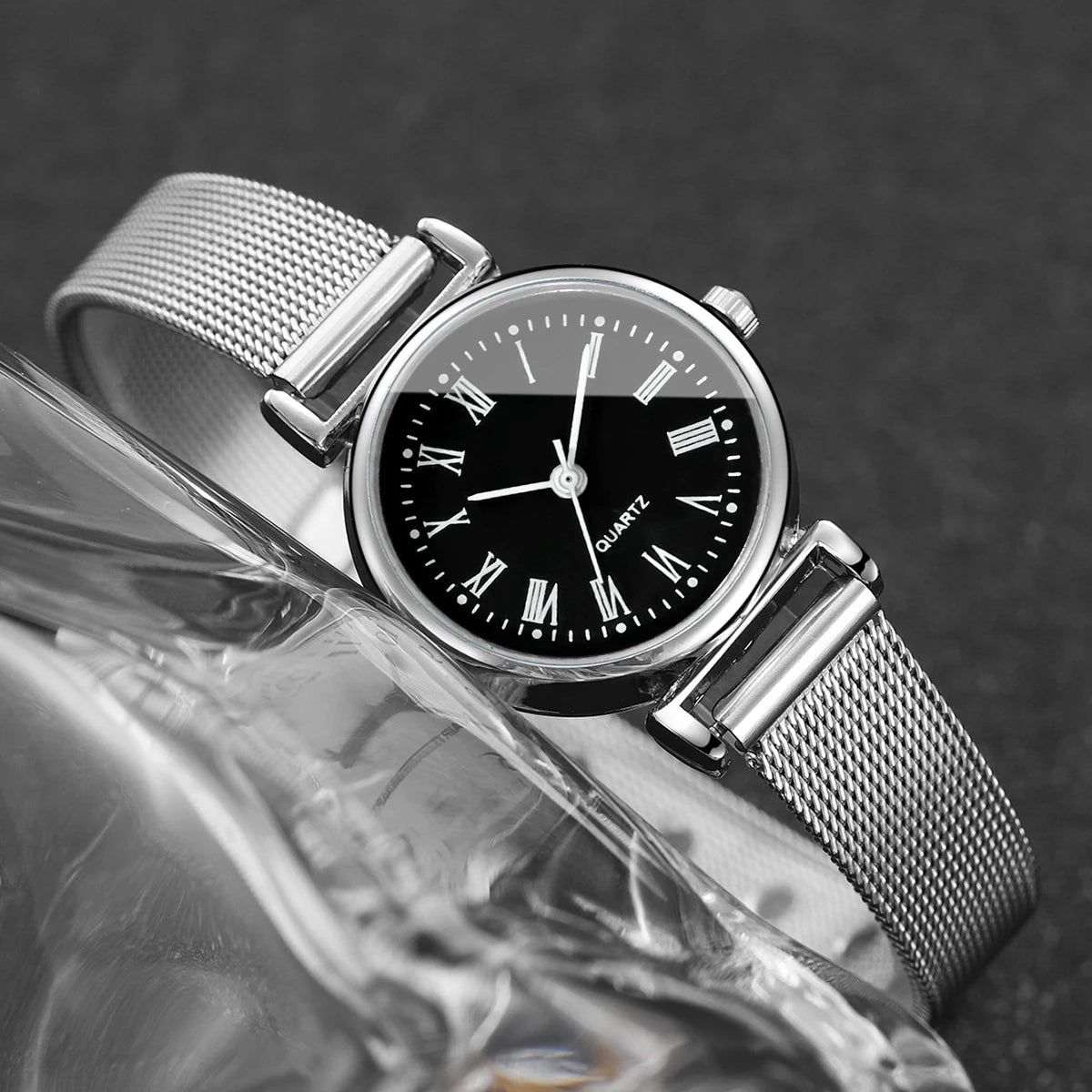 2-piece ins compact and minimalist metal mesh strap quartz women's watch leaf bracelet women's watch case Qme