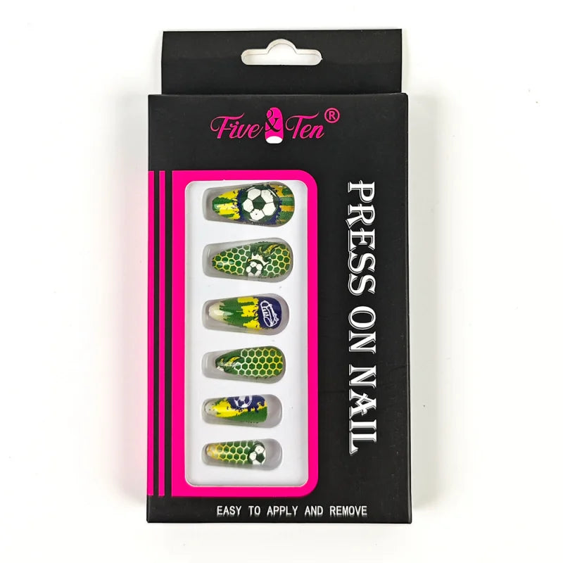 Brazil Press On Nails Green Yellow Football Fan Party Fake Nails Waterproof Easy Apply Remove Qme 1pcs