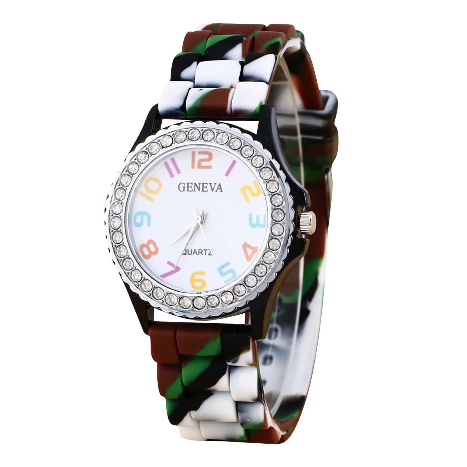 Girls’ Silicone Camouflage Watch Crystal Bling Quartz Wrist Watch Fashion And Cool Casual PU Strap Round Dial With Diamond Watch Qme E