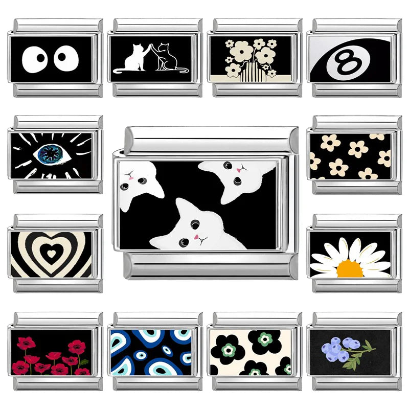 Fashion 2025 Cute White Cat Flowers Daisy Eyes Italian Links Charm Fit 9mm Stainless Steel Gift Modular Bracelet Jewelry Making Qme