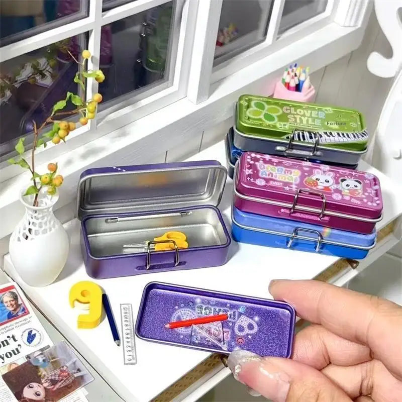 Dollhouse Miniature Double Layer Iron Pencil Box Pen Ruler Measuring Qme