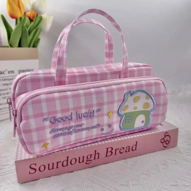 Plaid Pattern Double Layer Student Pencil Case 2 Zippers Handle Water Qme A1