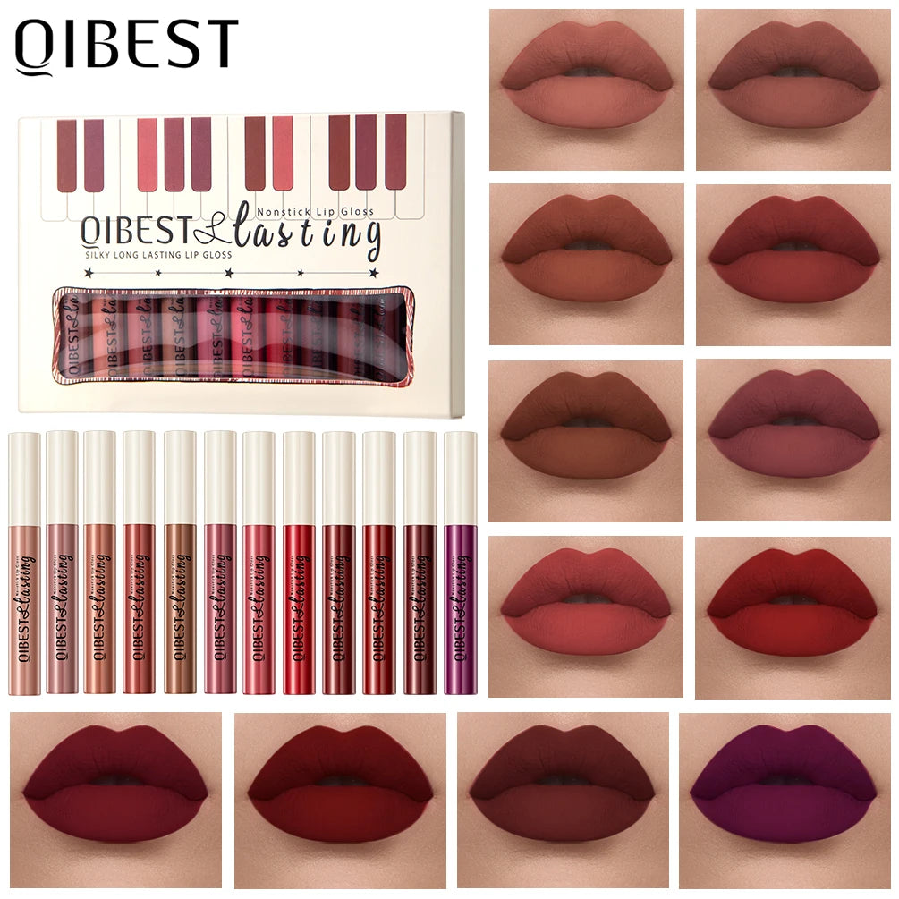 QIBEST 12 Colors Matte Lipgloss Sets Waterproof Liquid Lipstick Makeup Lip Color Long Lasting Sexy Red Pink Nude Lipgloss Makeup Qme 12pc Lipgloss SetA