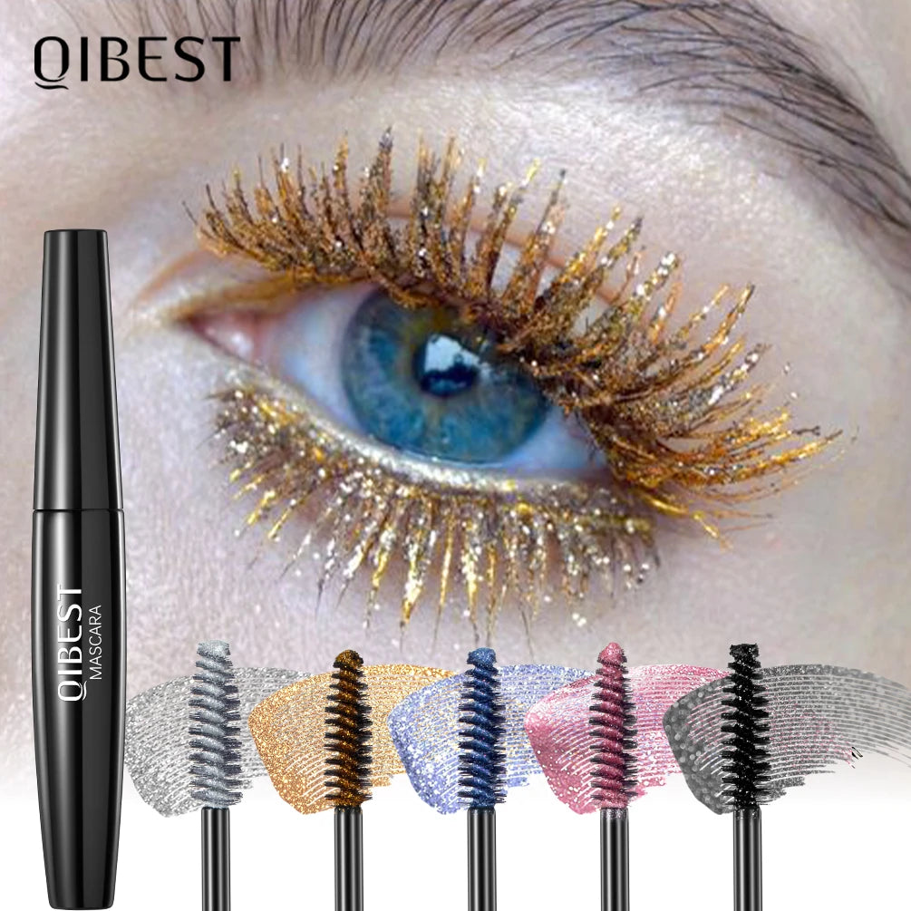 QIBEST Shiny Diamond Colorful Mascara Blue Glitter Sparkling Waterproof Mascara Eyelashes Extension Quick Dry Shimmer Eye Makeup Qme