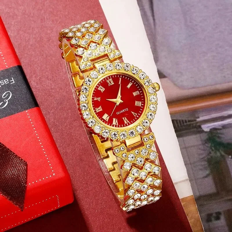 Gold luxury watches, women's rings, necklaces, earrings, rhinestones, fashionable watches, casual women's bracelets, watches, je Qme