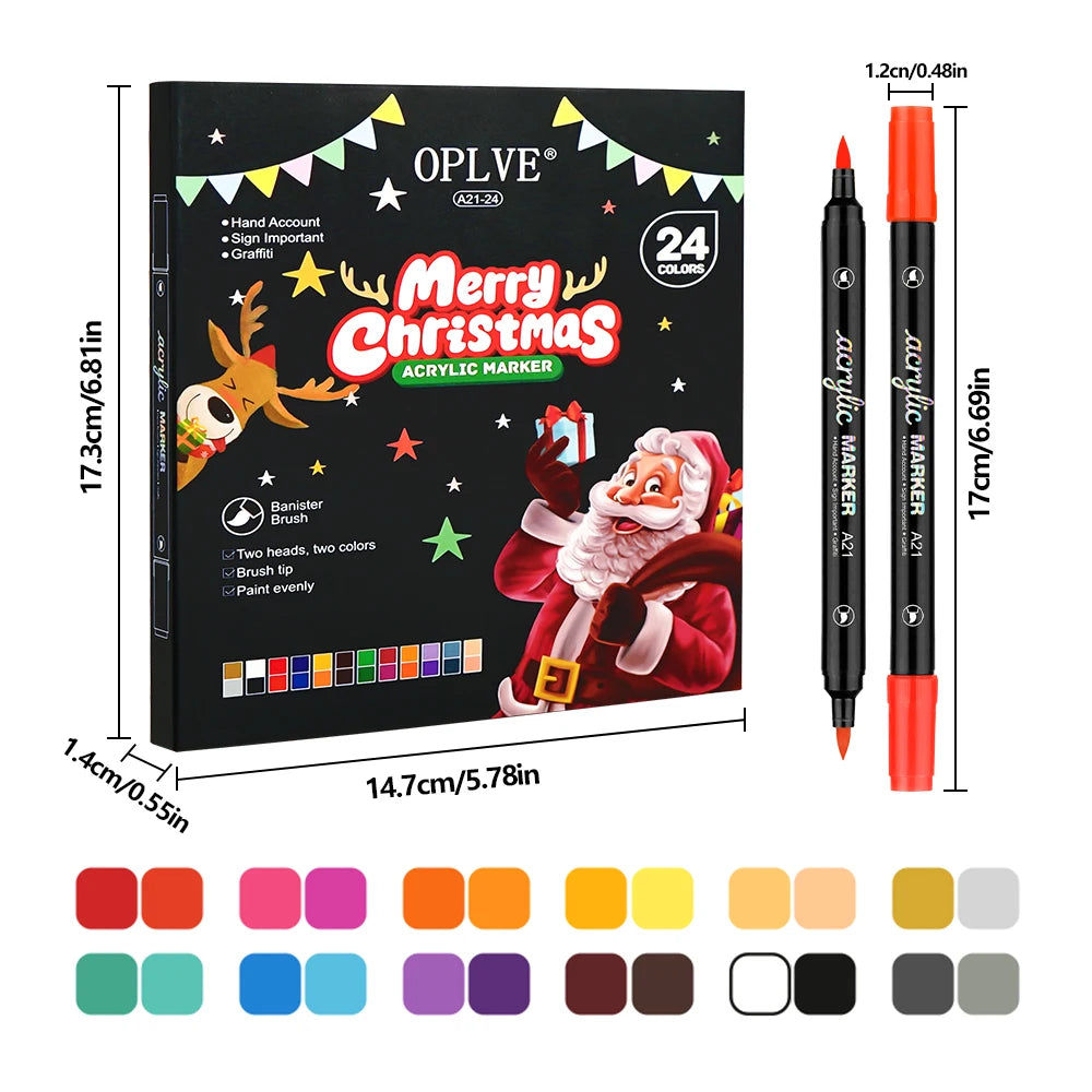 24/48/72 Colors Dual Brush Tip Acrylic Markers Pens, for Rock, Wood, Fabric, Glass, Canvas, Ceramic, Christmas DIY Art Supplies Qme 24 colors