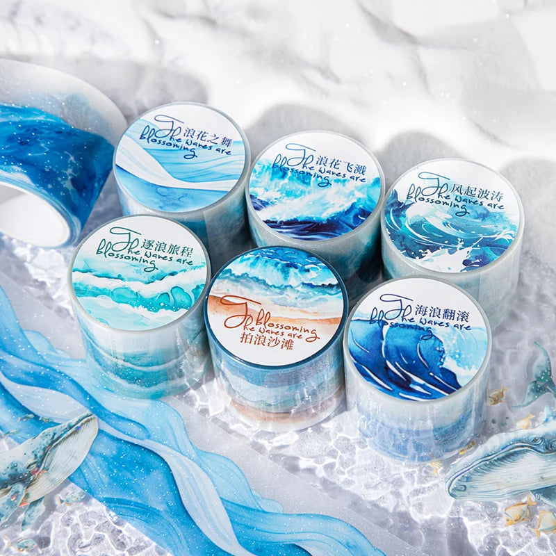 40mm*2m Ocean Wave Theme PET Tape INS Masking Adhesive Creative Decor Scrapbook supplies DIY Planner office stationery Stickers Qme