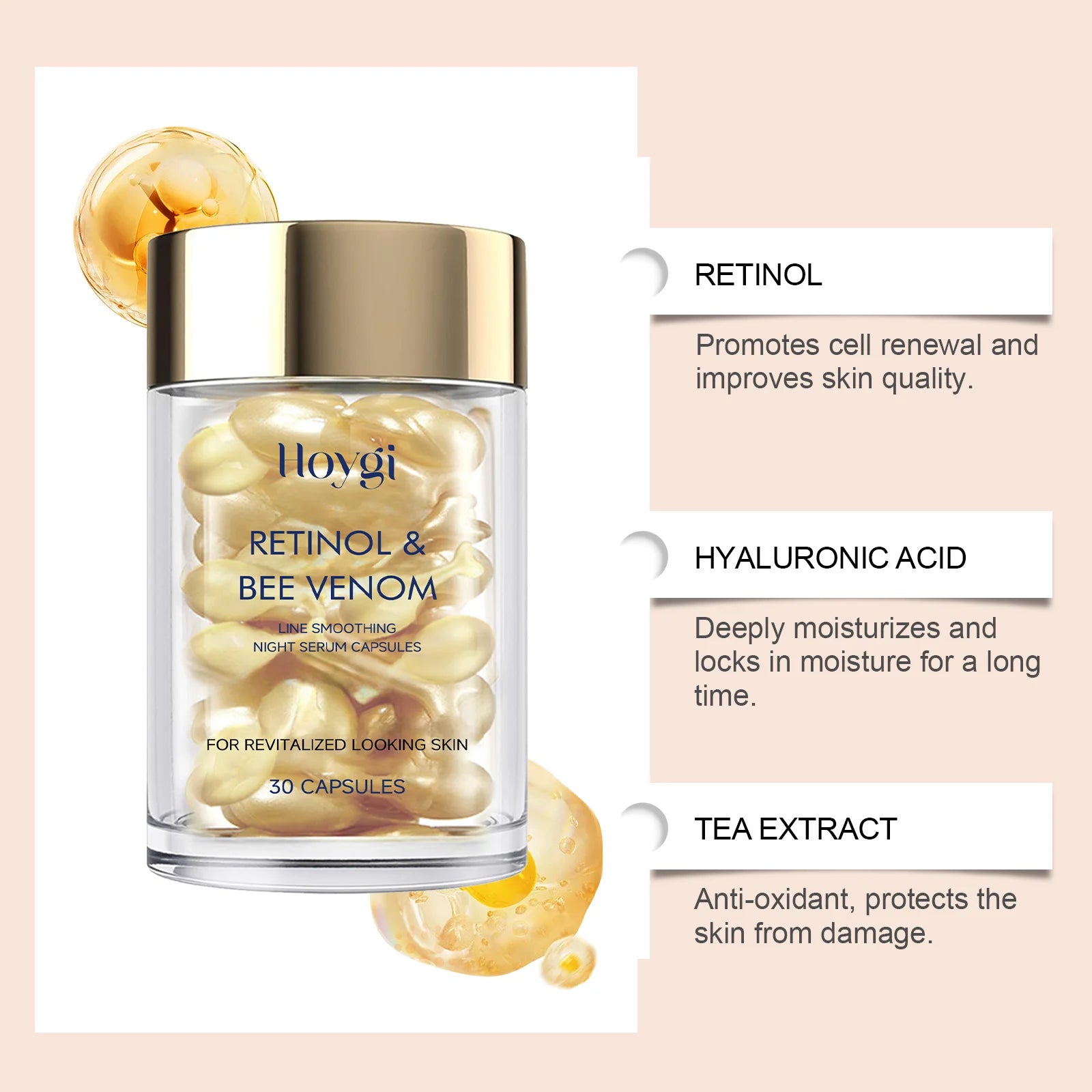 Retinol Bee Venom Facial Capsules Anti-Wrinkle Firming Smoothing Moisturizing Facial Skin Anti-Aging Night Serum for Face & Neck Qme