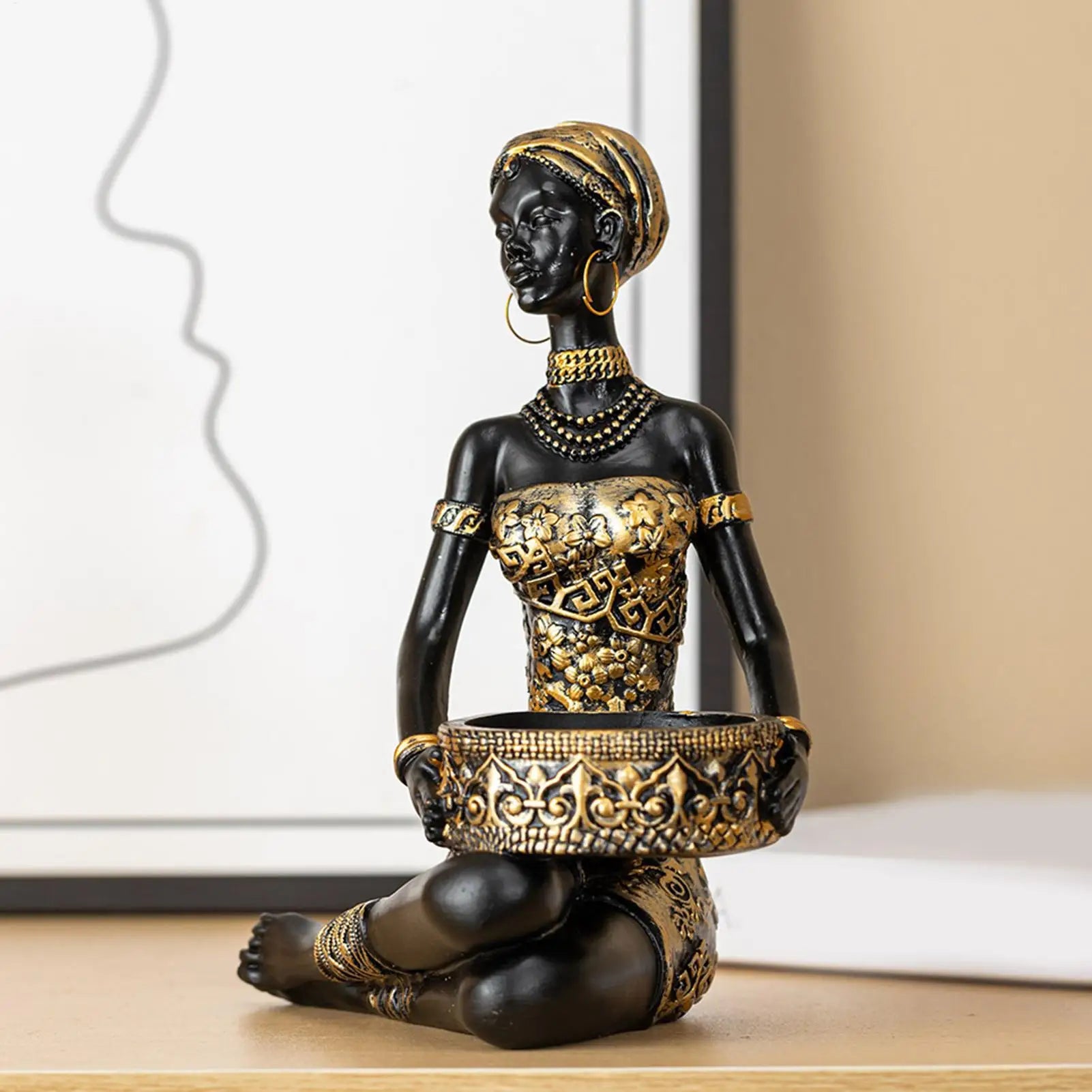 African Figurines Resin Table Storage Organizer African Woman Statues Storage Holder for Candy Jewelry Ring Key Earring Home Qme