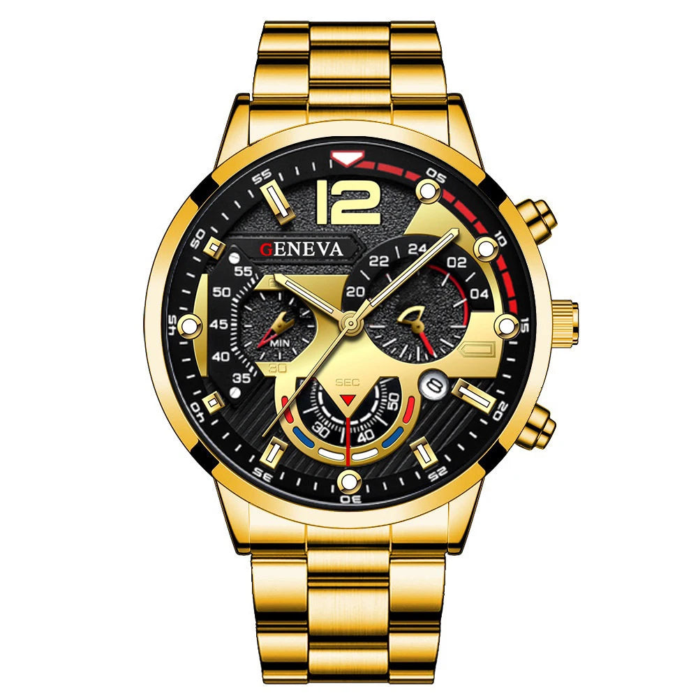 Silver Steel Band Men Chronograph Watch, Large Dial GENEVA Analog Quartz Watch for Business Casual Daily Wear Qme Gold