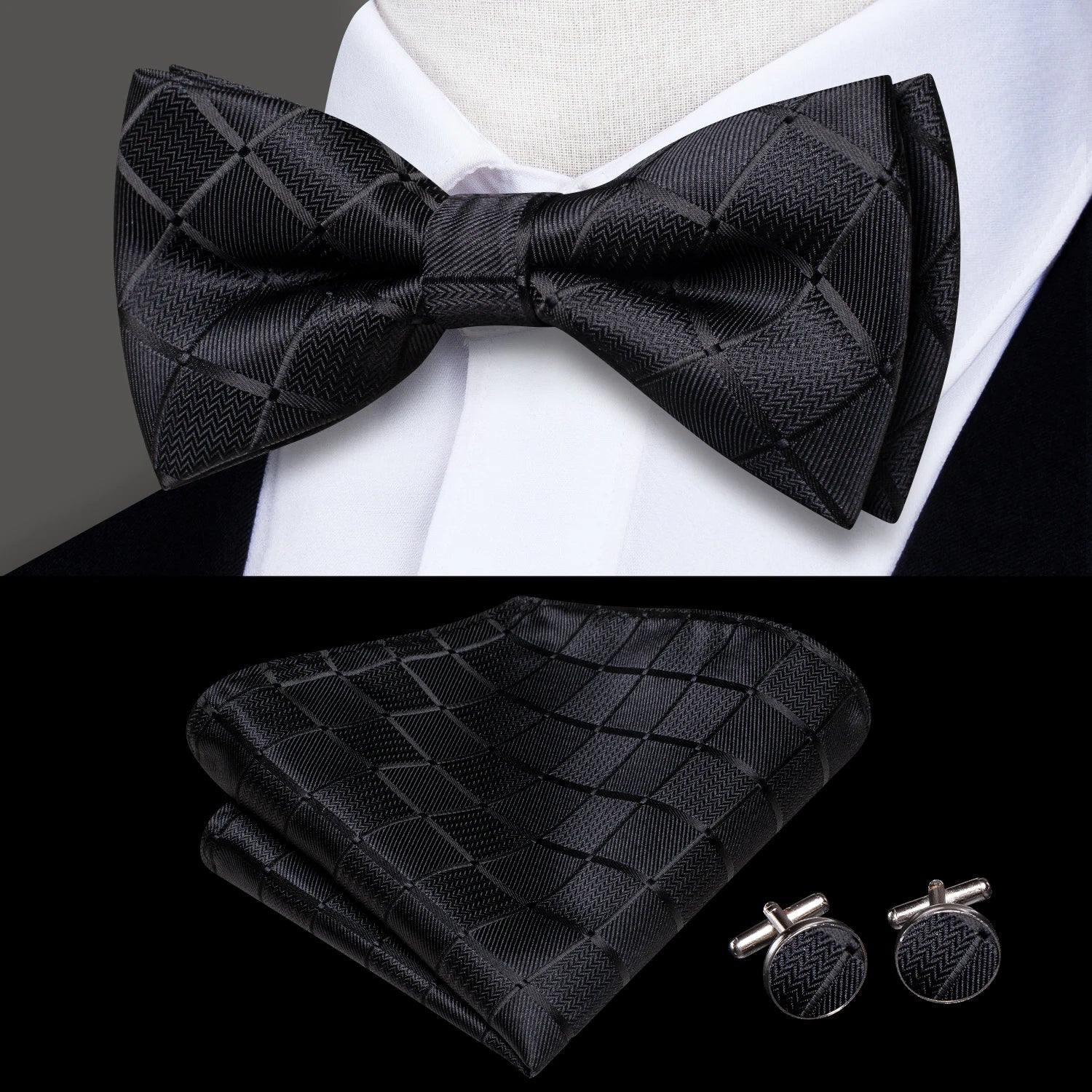 Hi-tie Grey Plaid Jacquard Pre-tied Mens Bow Tie Hanky Cufflinks