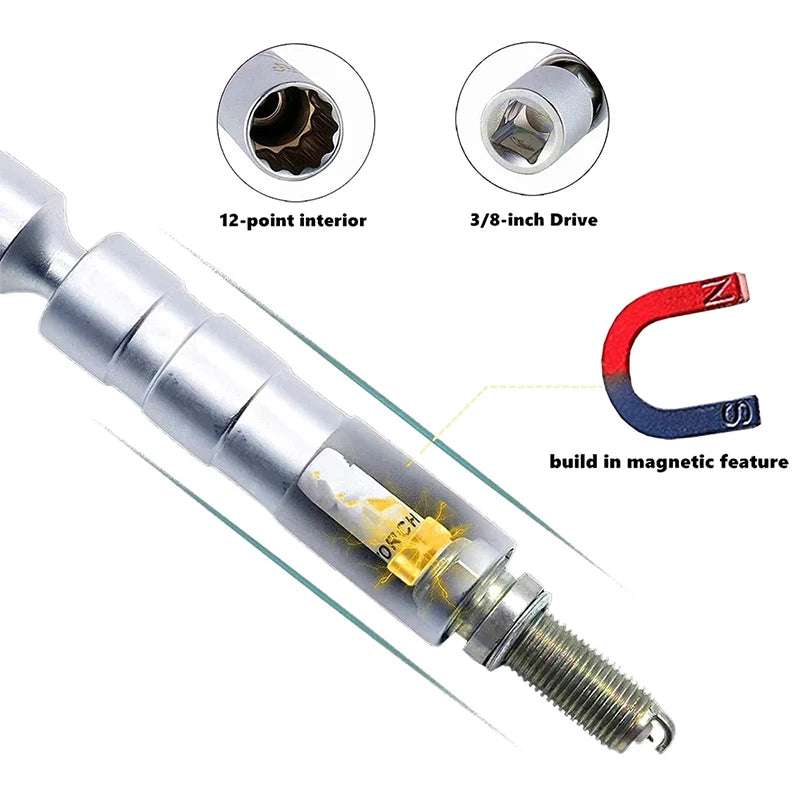 Spark Plug Socket Wrench Adapter 14mm16mm Set Universal Joint with Magnetic Flexible Socket Thin Wall 3/8" Drive Car Repair Tool Qme